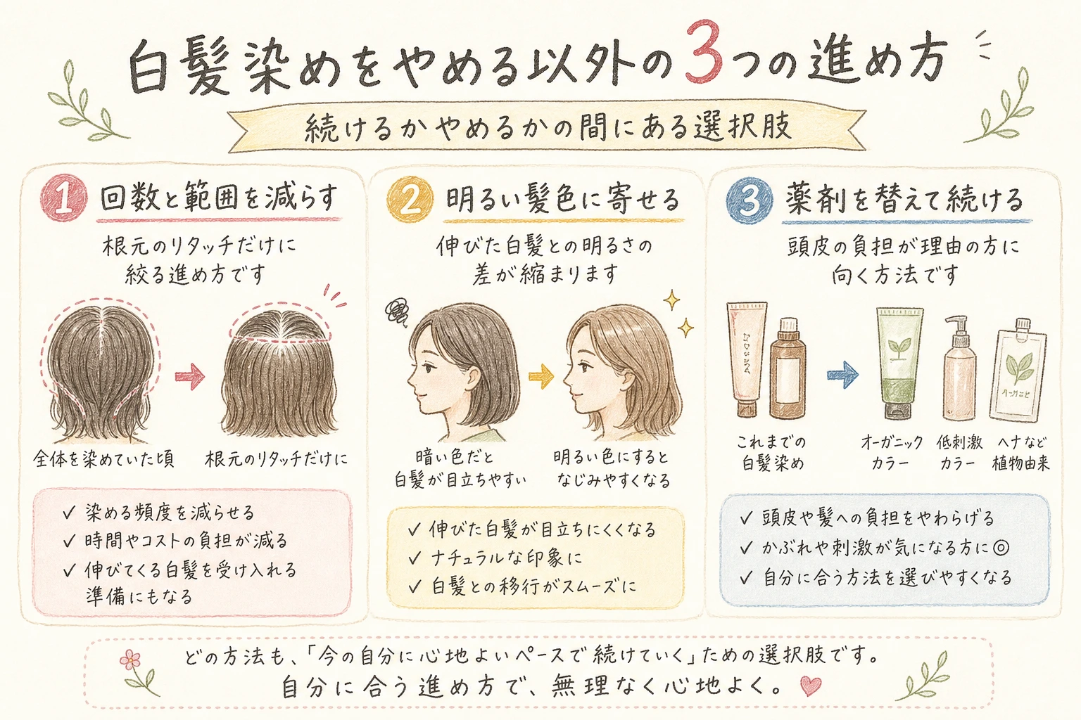 白髪染めをやめる以外の3つの進め方｜続けるかやめるかの間にある選択肢