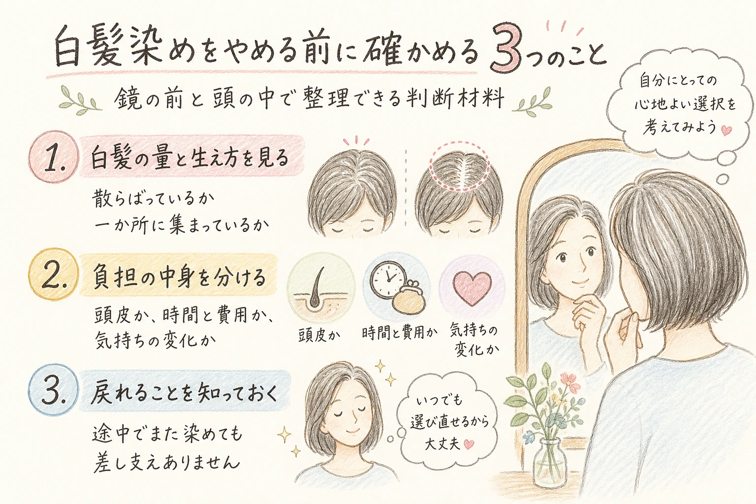 白髪染めをやめる前に確かめる3つのこと｜鏡の前と頭の中で整理できる判断材料