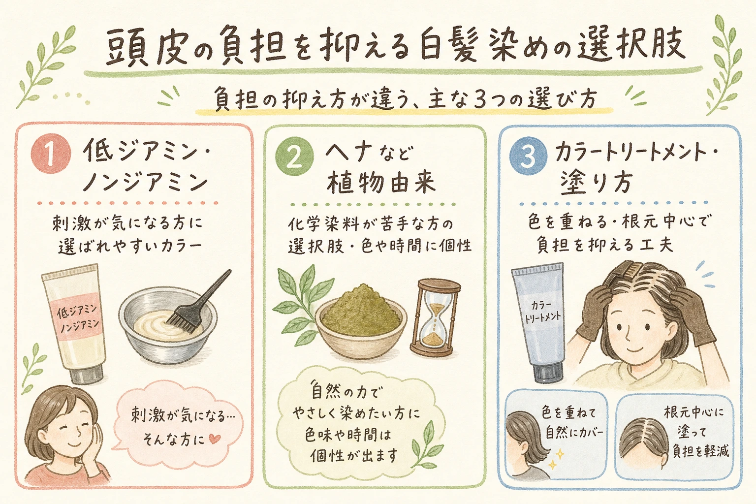 頭皮の負担を抑える白髪染めの選択肢｜負担の抑え方が違う、主な3つの選び方