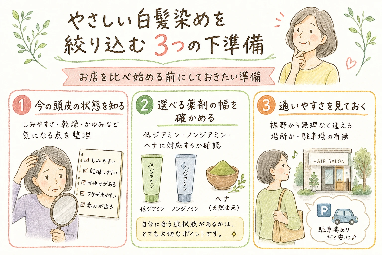 やさしい白髪染めを絞り込む3つの下準備｜お店を比べ始める前にしておきたい準備