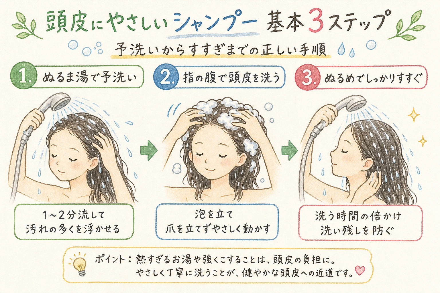 頭皮にやさしいシャンプー基本3ステップ｜予洗いからすすぎまでの正しい手順