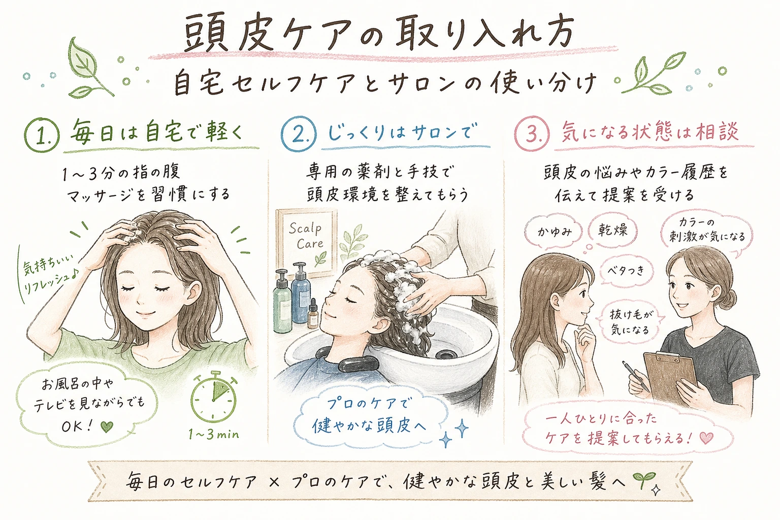 頭皮ケアの取り入れ方｜自宅セルフケアとサロンの使い分け