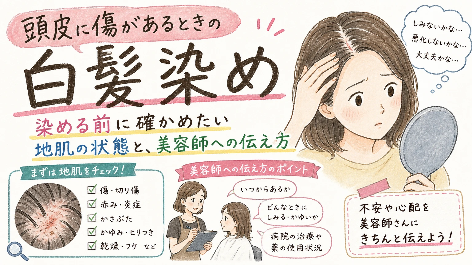 頭皮に傷やかさぶたがあるときの白髪染め|染める前に確かめたいことの内容を示すアイソメトリック図解