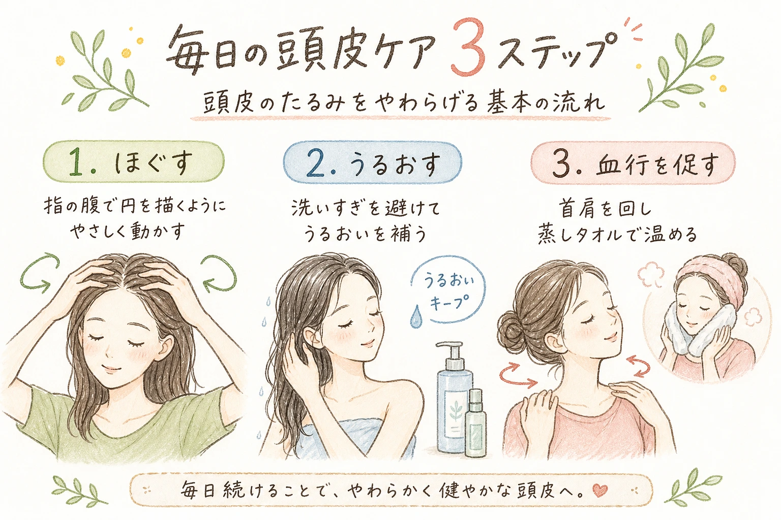 毎日の頭皮ケア3ステップ｜頭皮のたるみをやわらげる基本の流れ